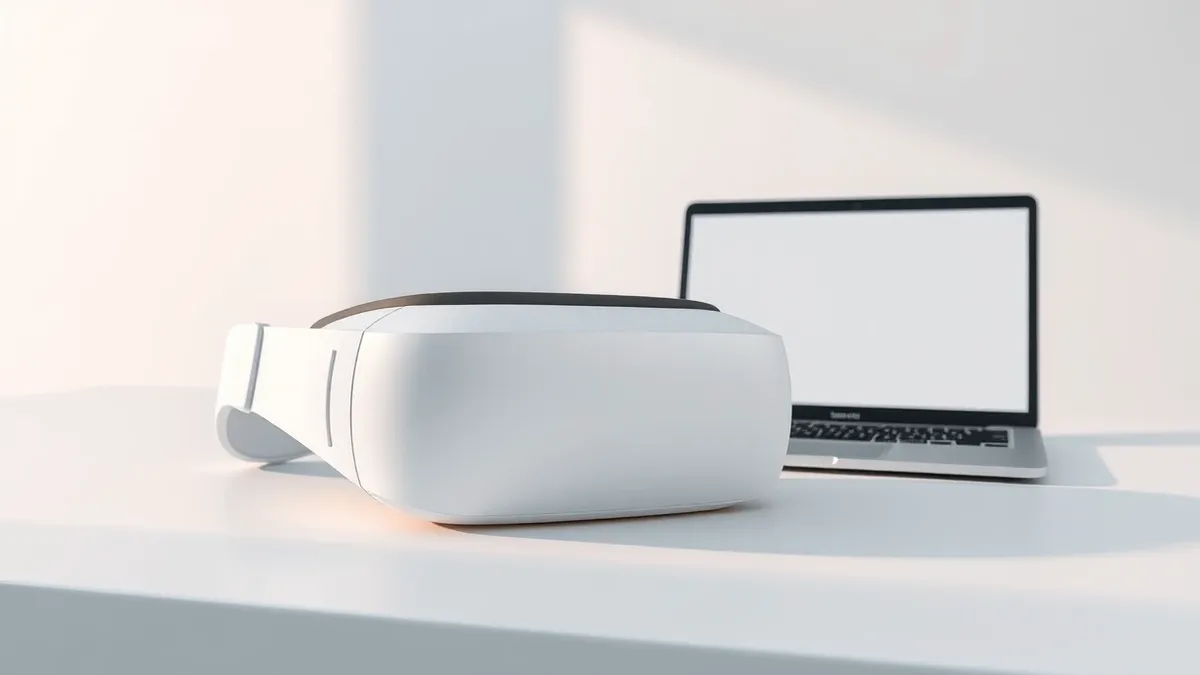 Illustration: A sleek white mixed-reality headset rests on a clean white desk next to a laptop showing a blank development interface.