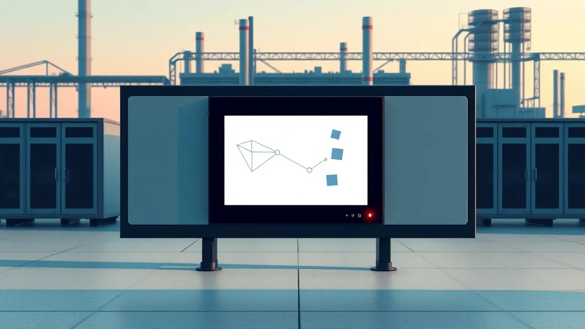 Illustration: A sleek industrial control panel sits in a quiet factory setting, its blank screen displaying abstract geometric shapes that represent active network sessions.