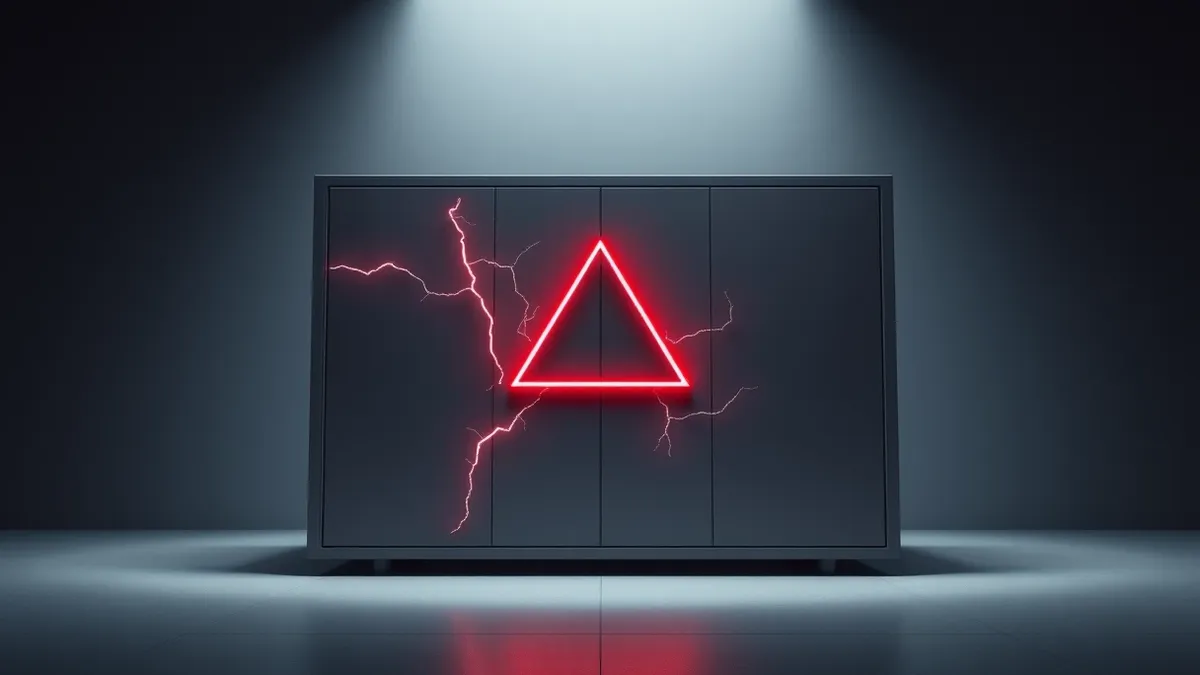 Illustration: A sleek grey server unit sits isolated in a dim room, its front panel dominated by a large, glowing red warning triangle.