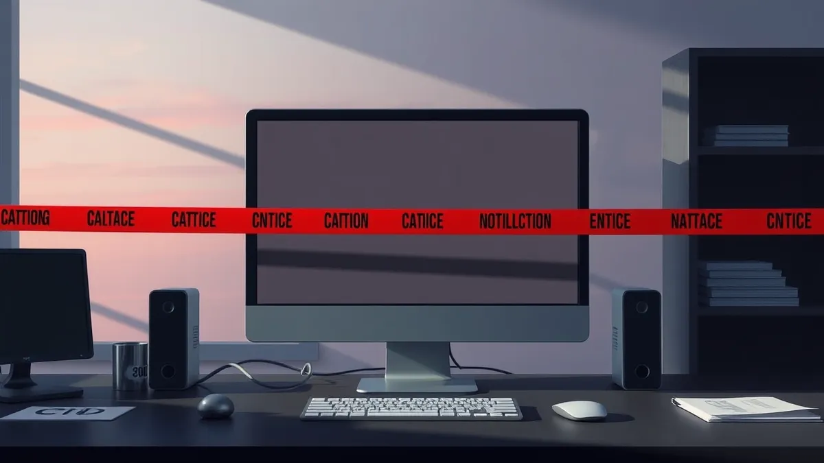 Illustration: A blank computer monitor sits on a dark office desk, its screen displaying only faint abstract geometric shapes.