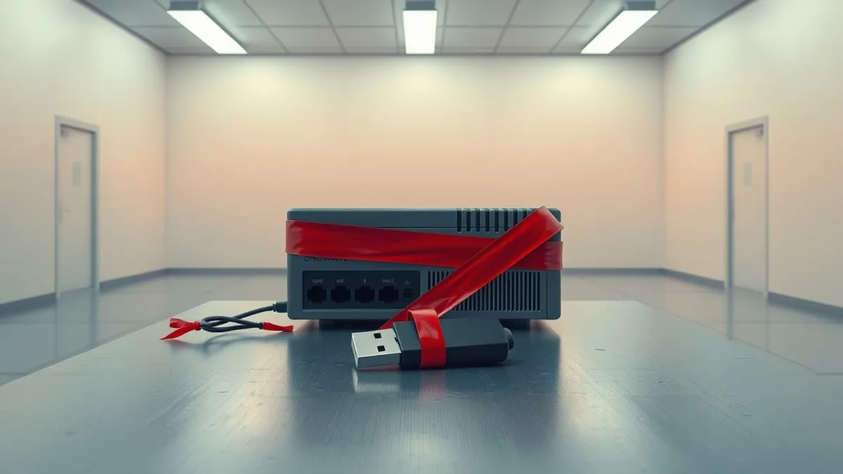 Illustration: A gray network scanner sits on a plain metal table next to a seized USB drive.