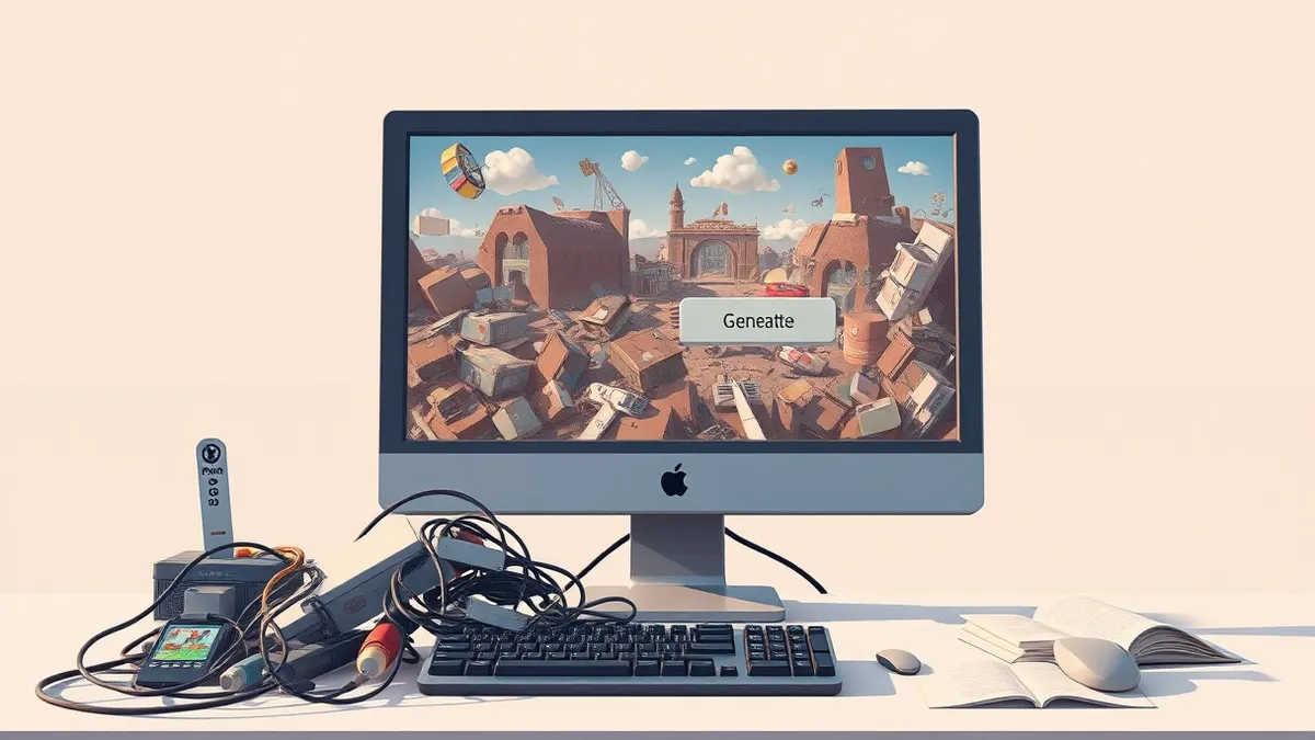 Illustration: A cluttered desktop monitor displays a chaotic, low-resolution video game with mismatched textures and broken physics.