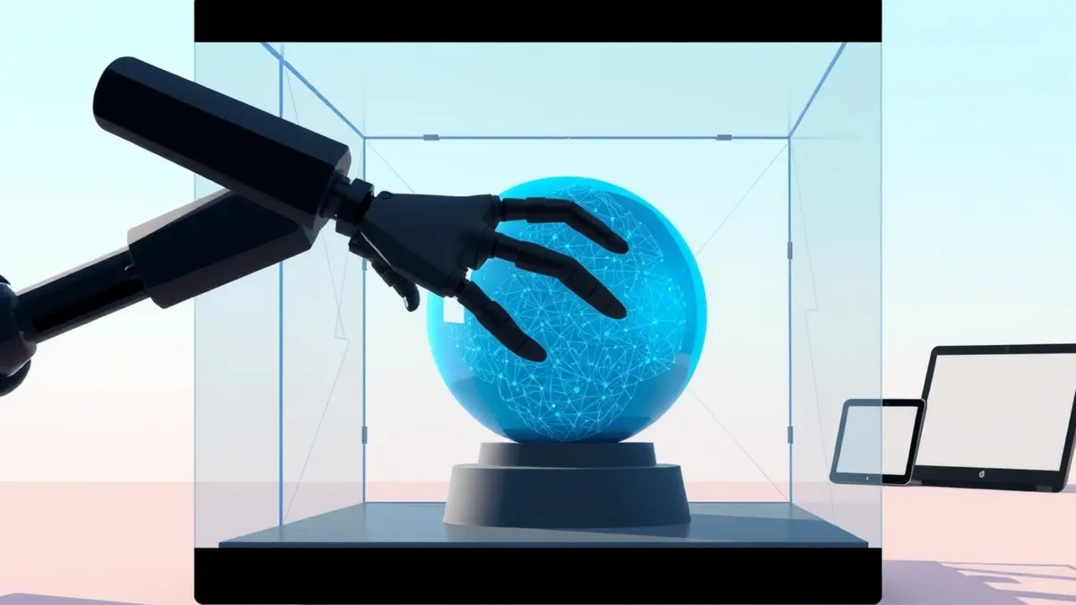 Illustration: A sleek black robot arm reaches toward a glowing blue digital sphere.