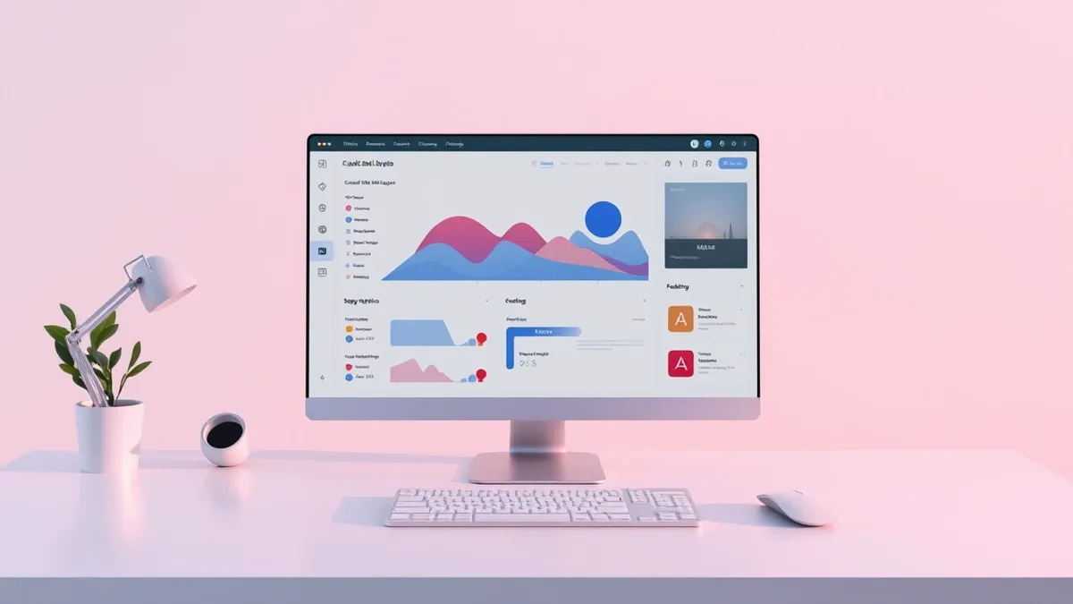 Illustration: A sleek, minimalist web development dashboard sits on a clean white desk.