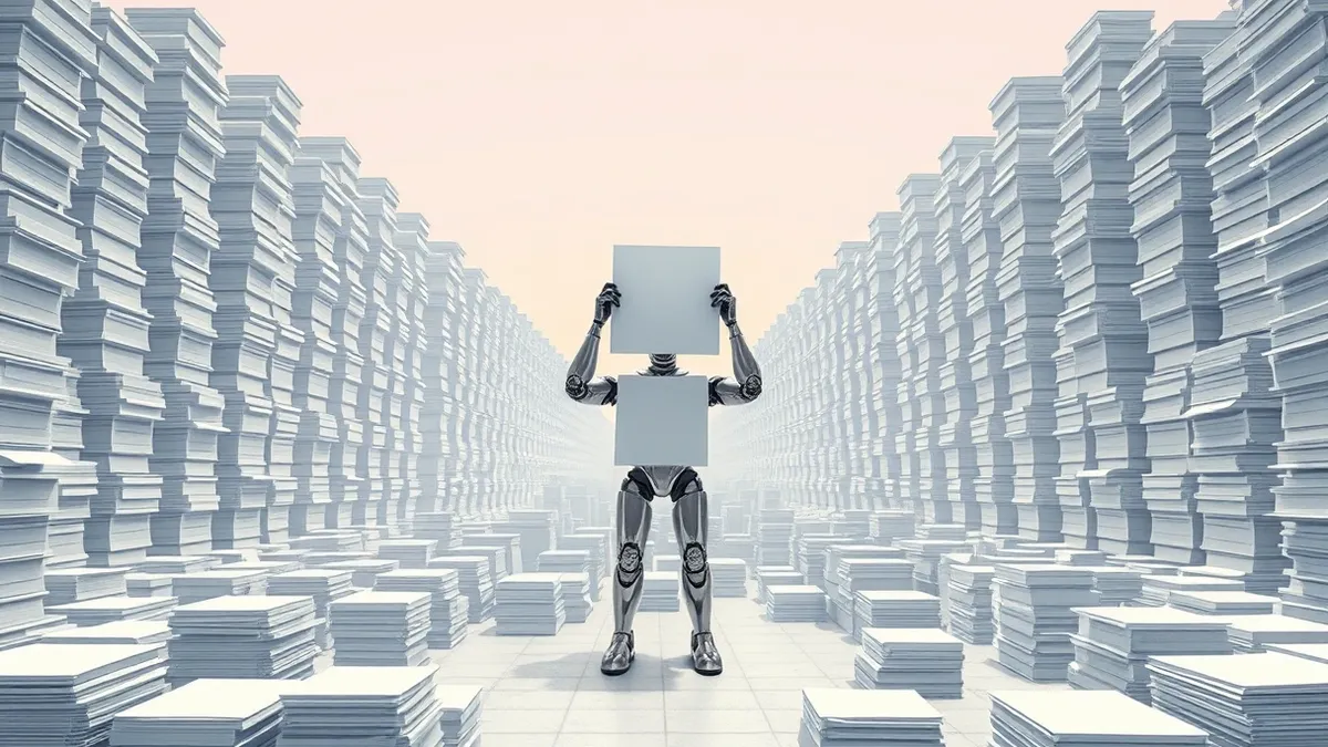 Illustration: A sleek silver humanoid robot stands rigidly in the center of a vast empty chamber filled with towering stacks of blank paper, its mechanical hands holding a single p