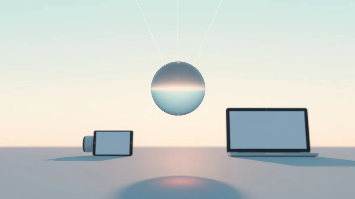 Illustration: A tiny transparent glass sphere hovers in mid-air, suspended by focused laser beams.