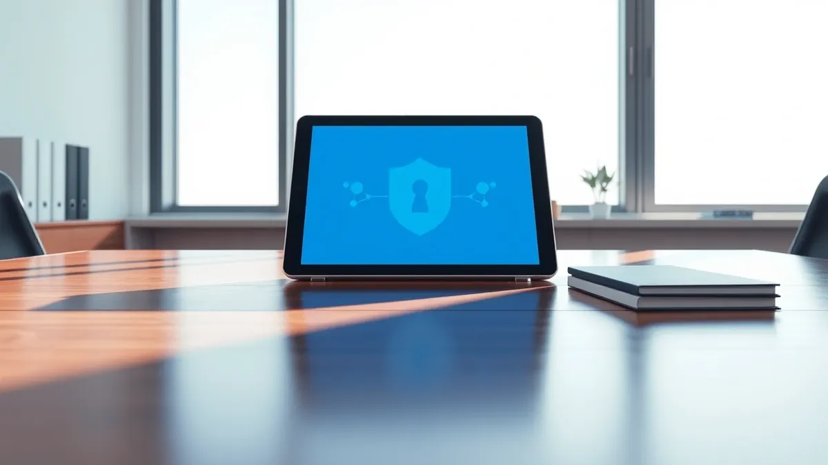 Illustration: A sleek silver tablet rests on a polished wooden desk in a quiet, sunlit office.