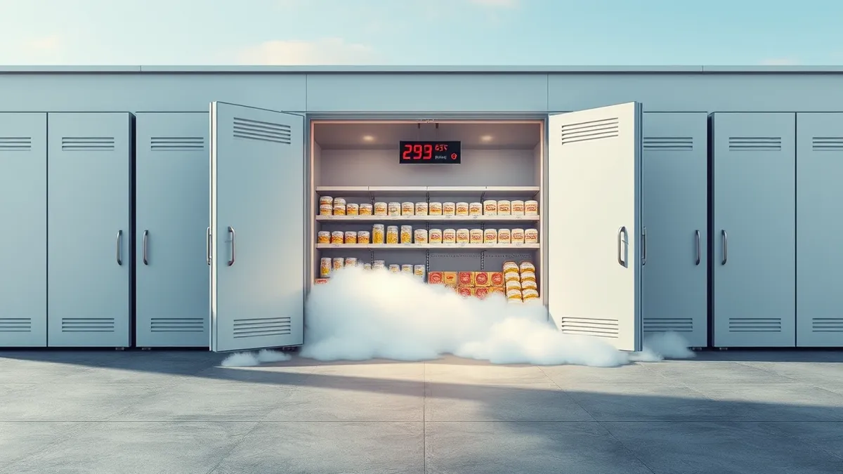 Illustration: A row of industrial supermarket freezer doors stands open, releasing a thick cloud of white vapor onto the concrete floor.