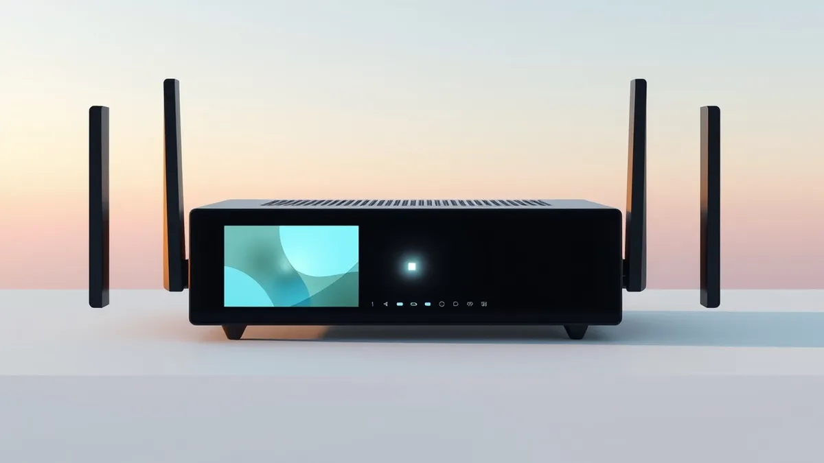 Illustration: A sleek black router sits on a clean white surface, its front panel displaying two blank rectangular screens that show abstract geometric shapes and soft gradient col