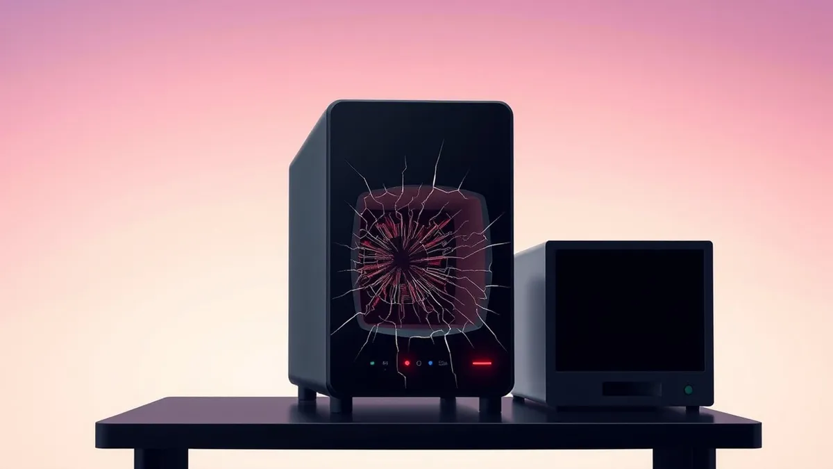 Illustration: A sleek black network appliance sits on a dark desk, its front panel glowing with three red status lights.