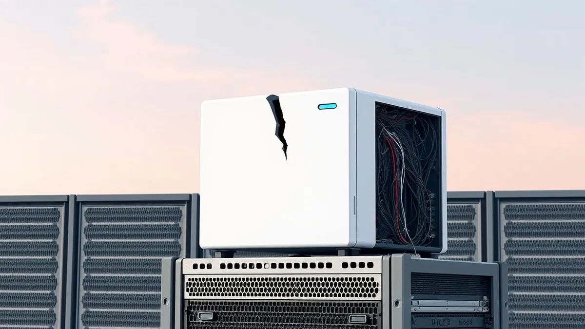 Illustration: A sleek white cloud storage box sits on a metal server rack, its front panel featuring a single empty blue status light.