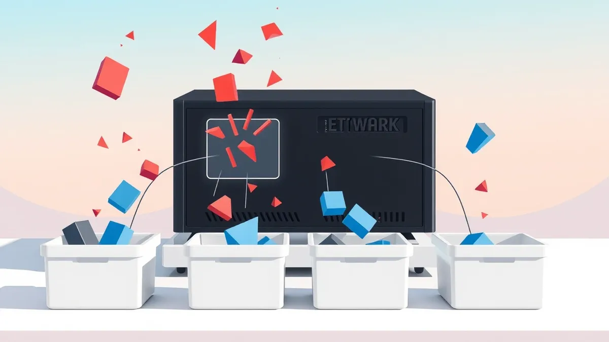 Illustration: A sleek black network appliance sits on a desk, with streams of abstract geometric shapes flowing out from its ports into empty storage containers.