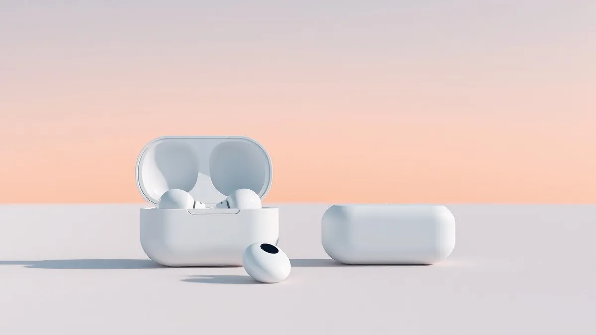 Illustration: A sleek white wireless earbud rests on a smooth, minimalist surface beside its compact charging case.