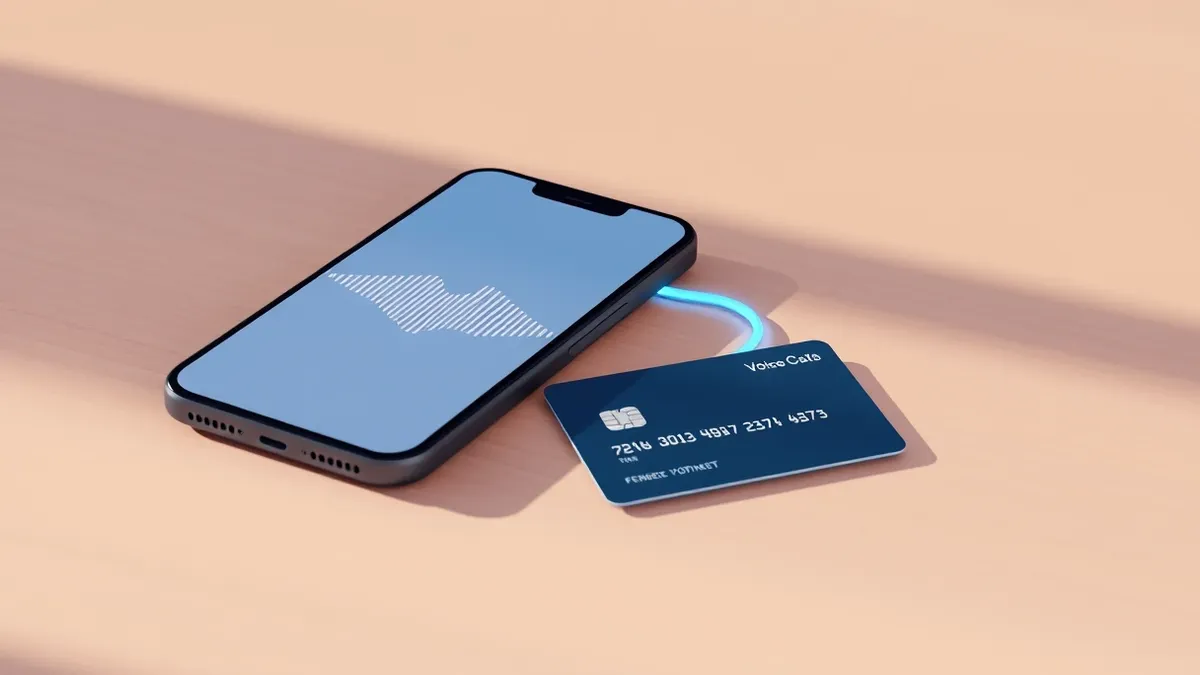 Illustration: A sleek, modern smartphone rests on a wooden desk, its screen displaying a minimalist wave pattern representing voice data.