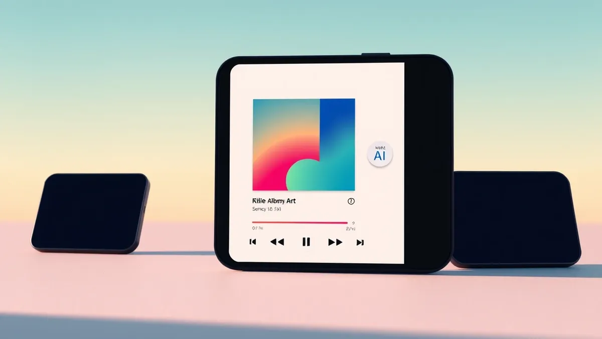 Illustration: A sleek black smartphone displays a music player interface with a vibrant abstract album art cover.
