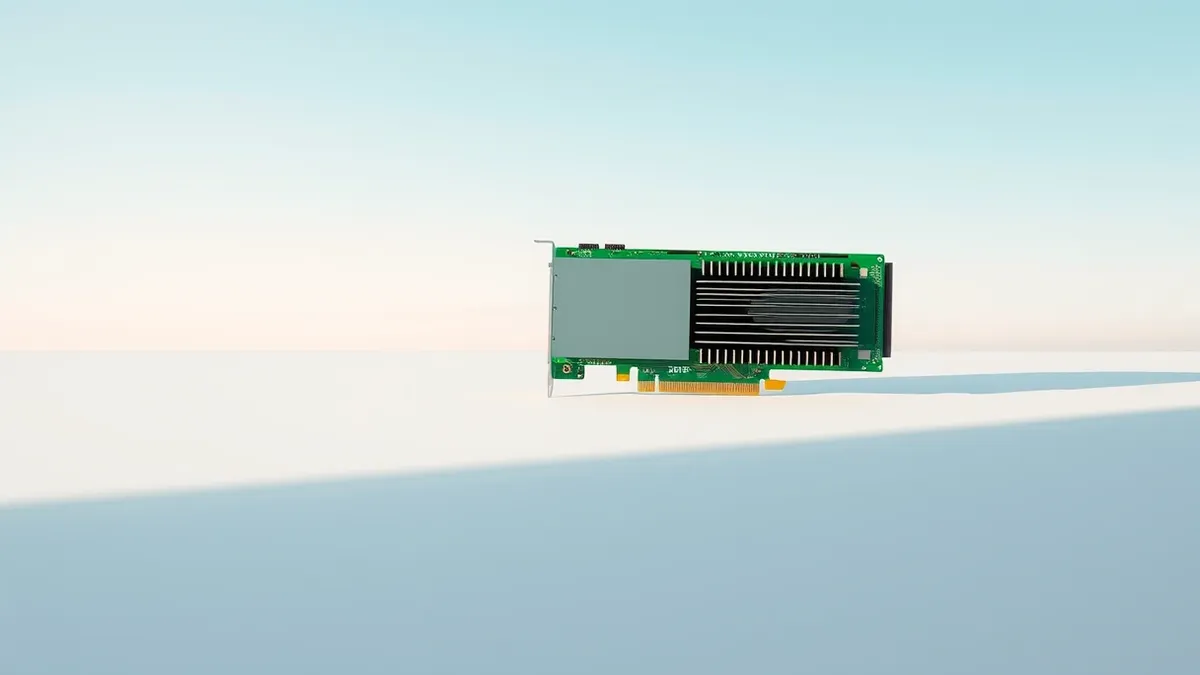 Illustration: A green graphics card with empty cooling fins sits isolated on a clean white workbench.