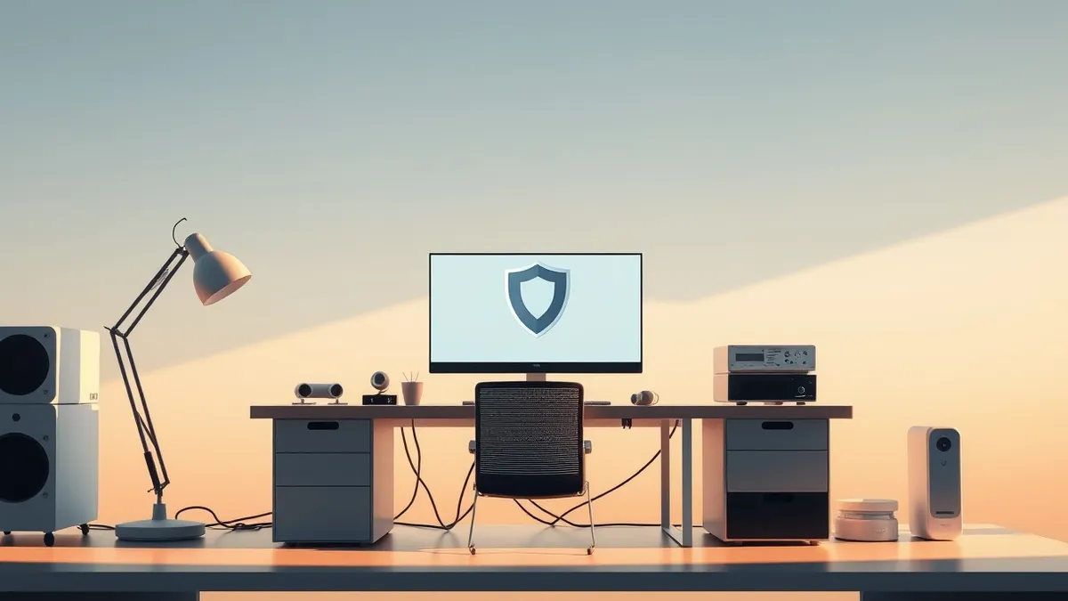 Illustration: A small office desk holds a single sleek security console with a minimalist interface displaying abstract shield icons.