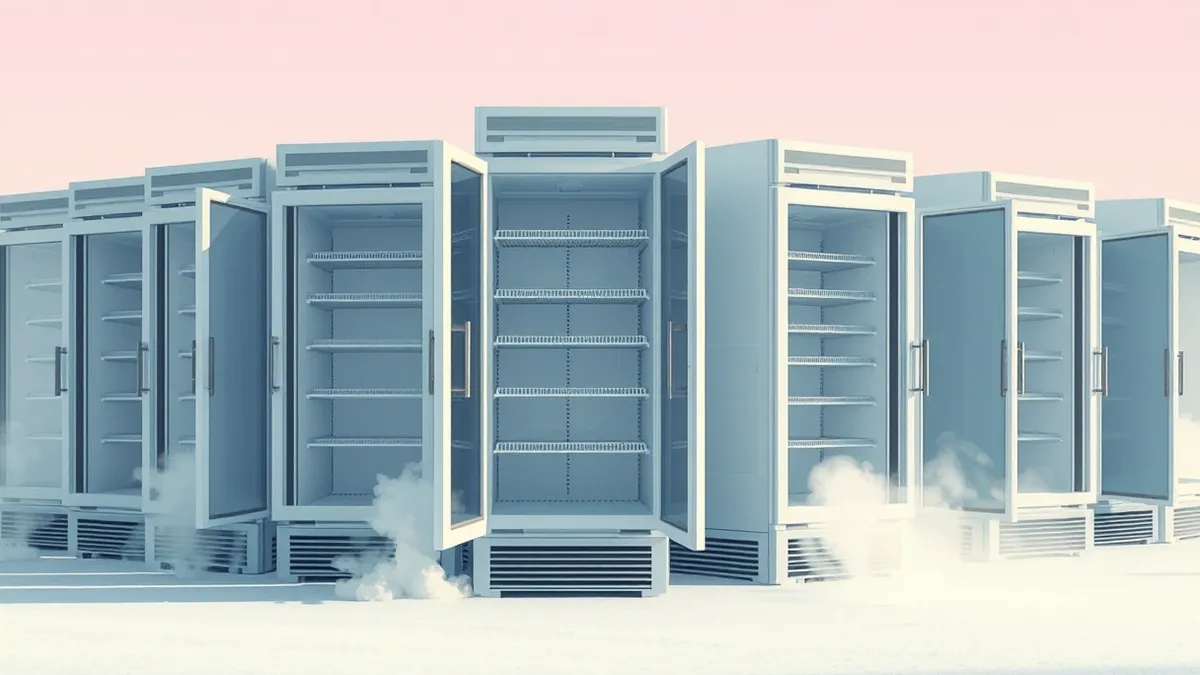 Illustration: A row of blank commercial supermarket refrigerators stands with doors slightly ajar.