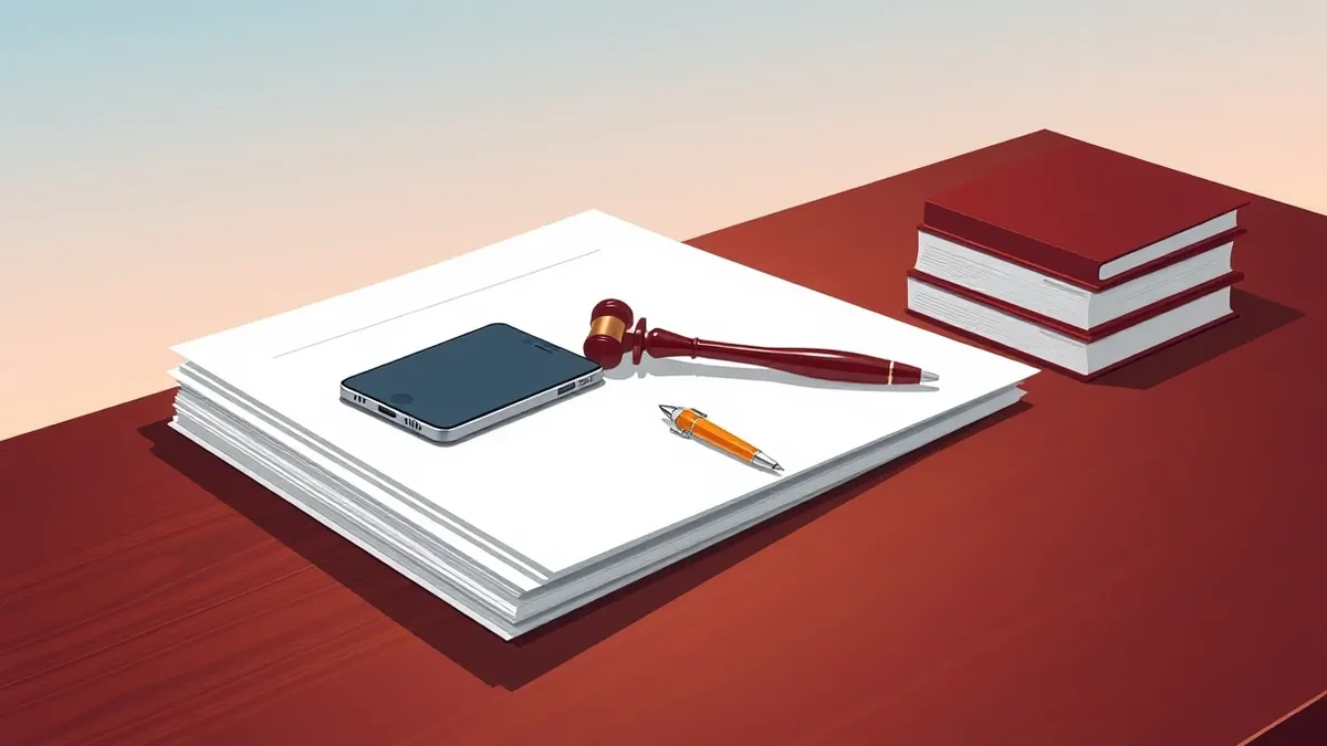 Illustration: A sleek smartphone rests on a polished wooden desk next to a thick stack of legal briefs and a fountain pen.