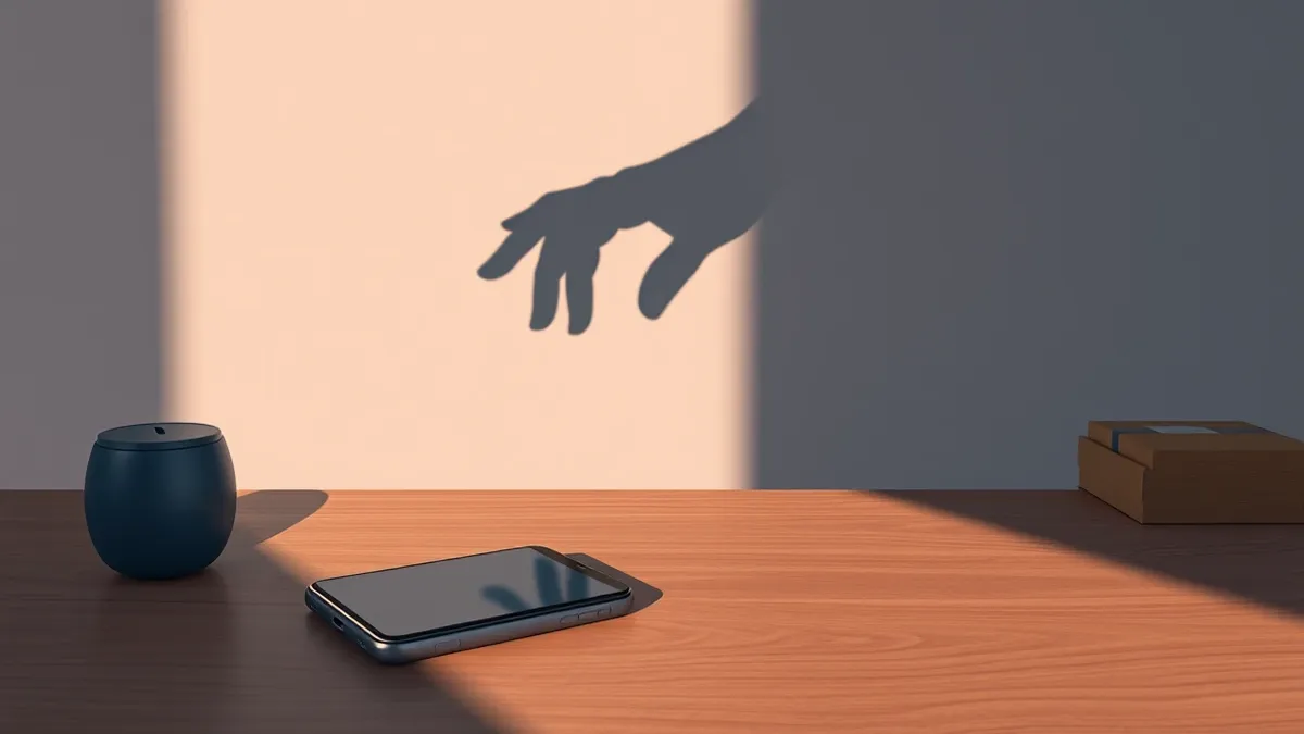 Illustration: A wooden desk holds a blank smartphone and a simple piggy bank, with a shadow of a hand reaching from the darkness to snatch the ceramic savings vessel away.