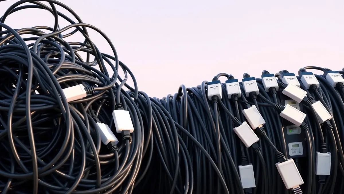Illustration: A tangled mass of thick black cables untangles smoothly into a neat row of identical white connectors.