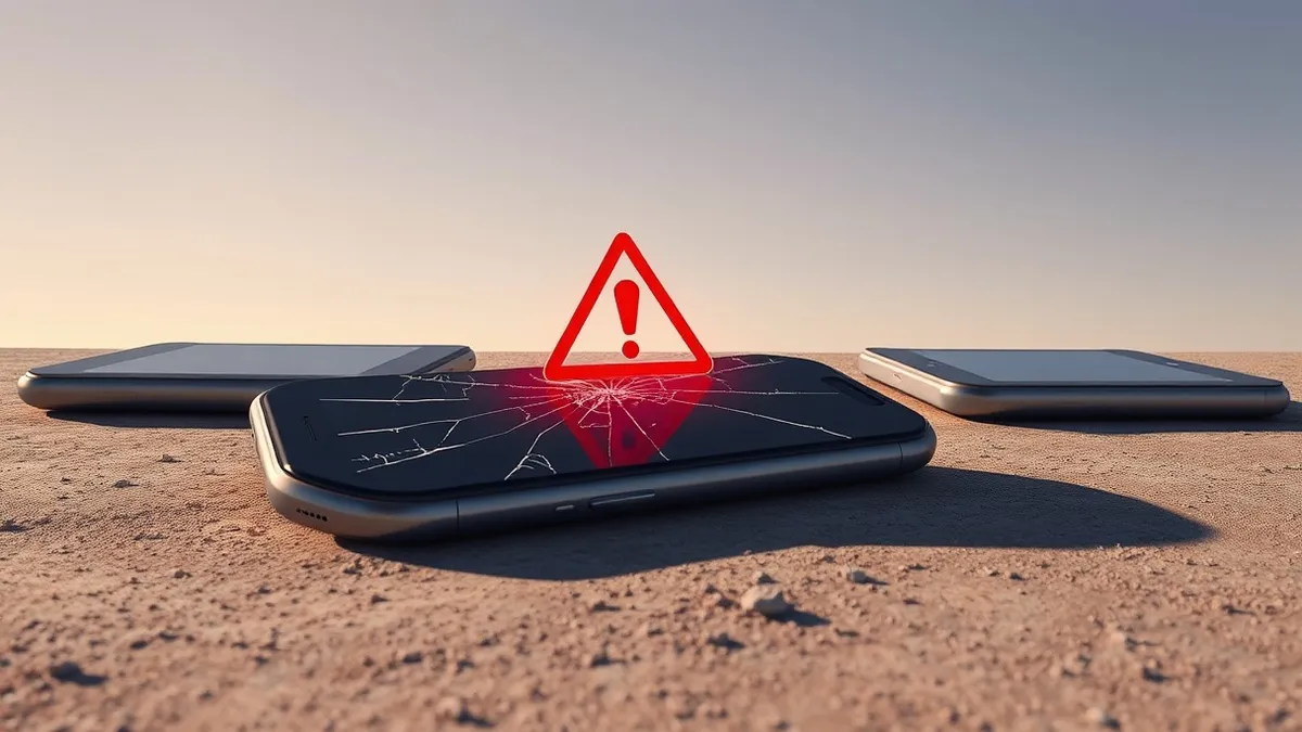 Illustration: A cracked smartphone screen glows with an abstract red warning shape while lying on a dusty surface, symbolizing the hidden spyware threat targeting unpatched iOS dev