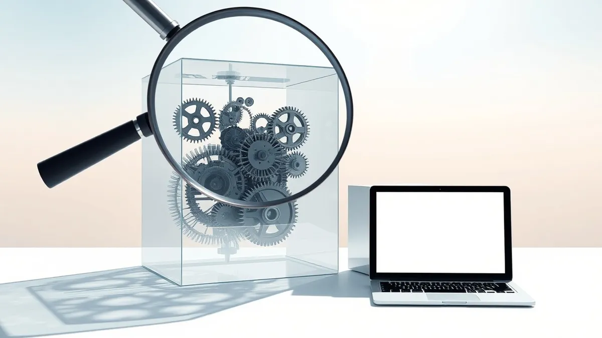 Illustration: A transparent glass cube reveals intricate internal gears turning smoothly while a thick opaque metal block sits beside it on a clean white table.