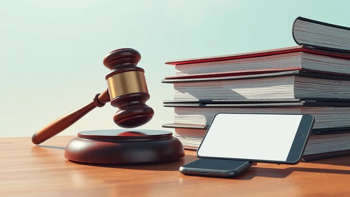 Illustration: A large gavel rests on a wooden desk next to a stack of thick legal binders.