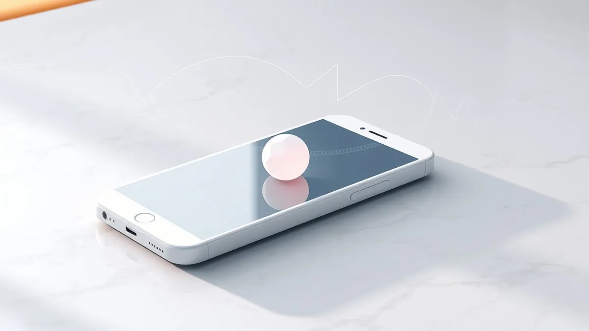 Illustration: A sleek white smartphone rests on a marble surface, its screen displaying a single glowing geometric orb that pulses with soft light.