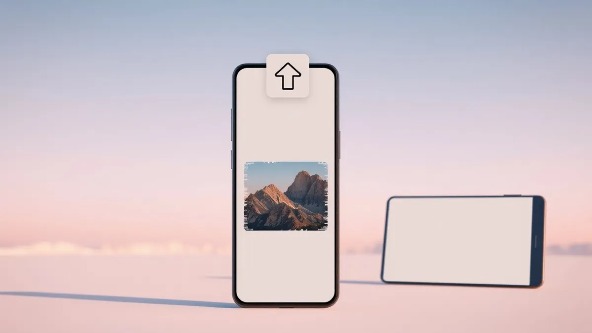 Illustration: A blank smartphone screen shows a generic image upload icon hovering over a jagged, glitching photograph.