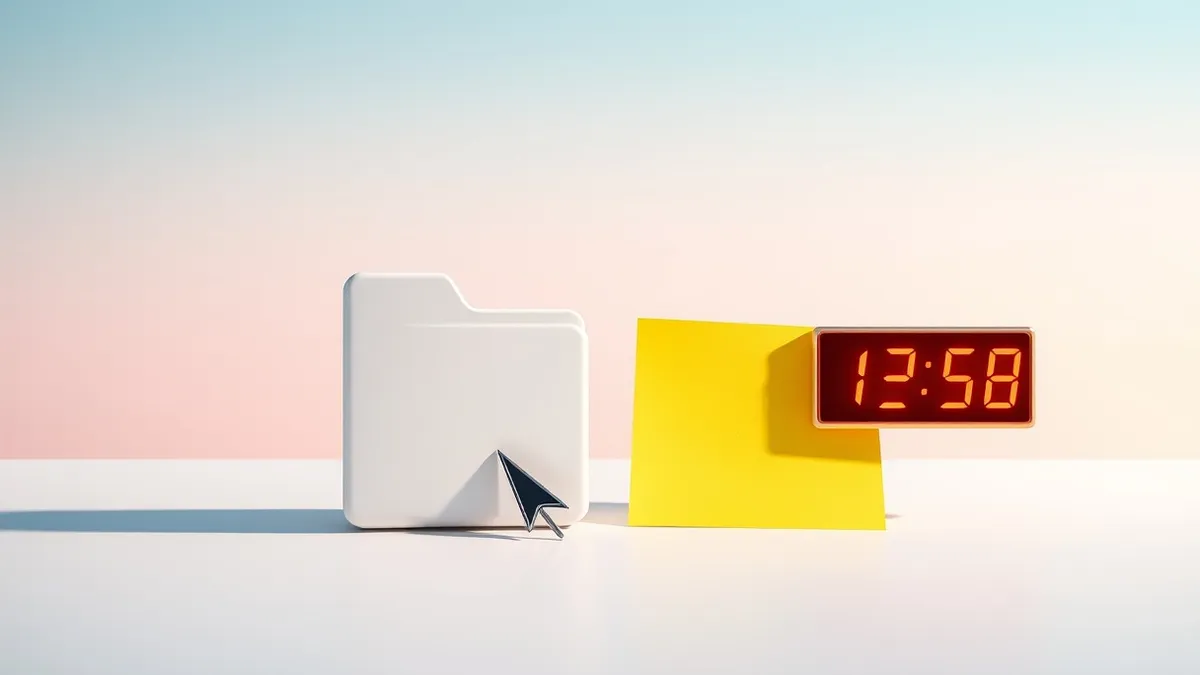 Illustration: A white file transfer utility icon sits on a clean desktop background next to a bright yellow sticky note displaying an exclamation mark.