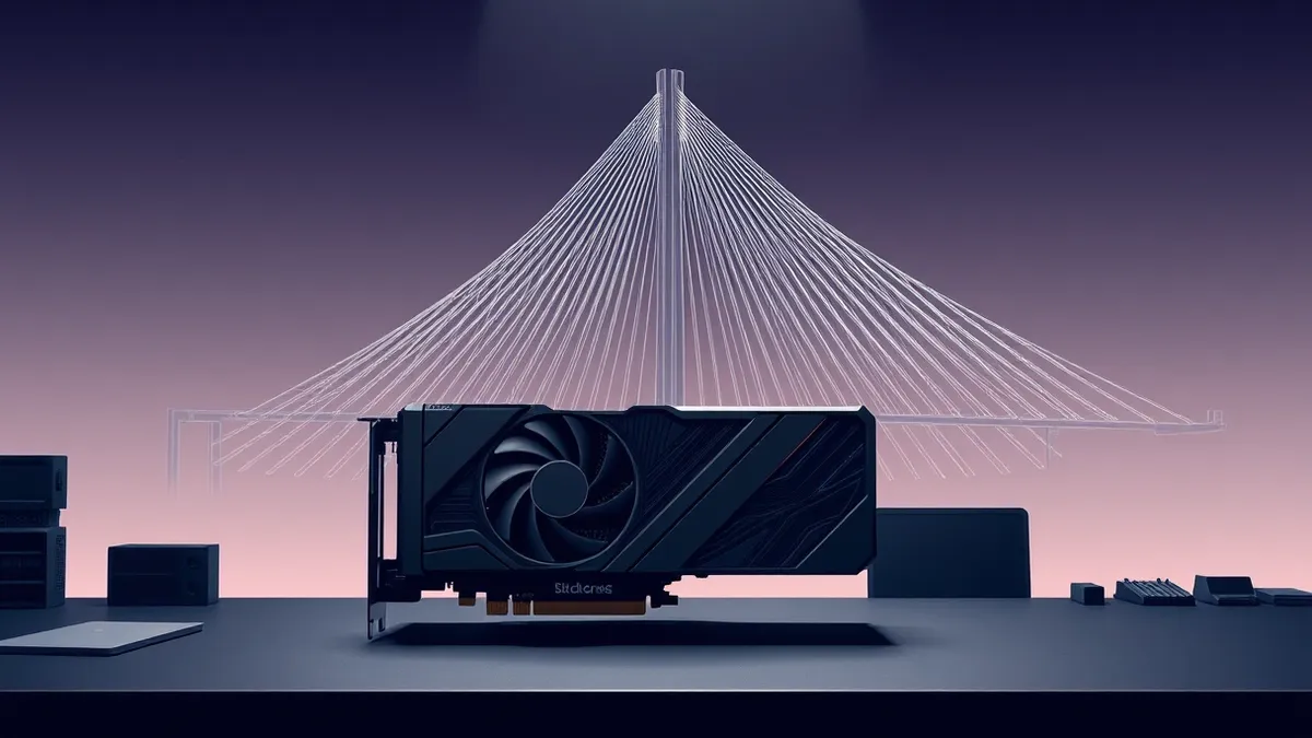 Illustration: A sleek graphics processing unit sits on a dark workbench, its cooling fan spinning silently.