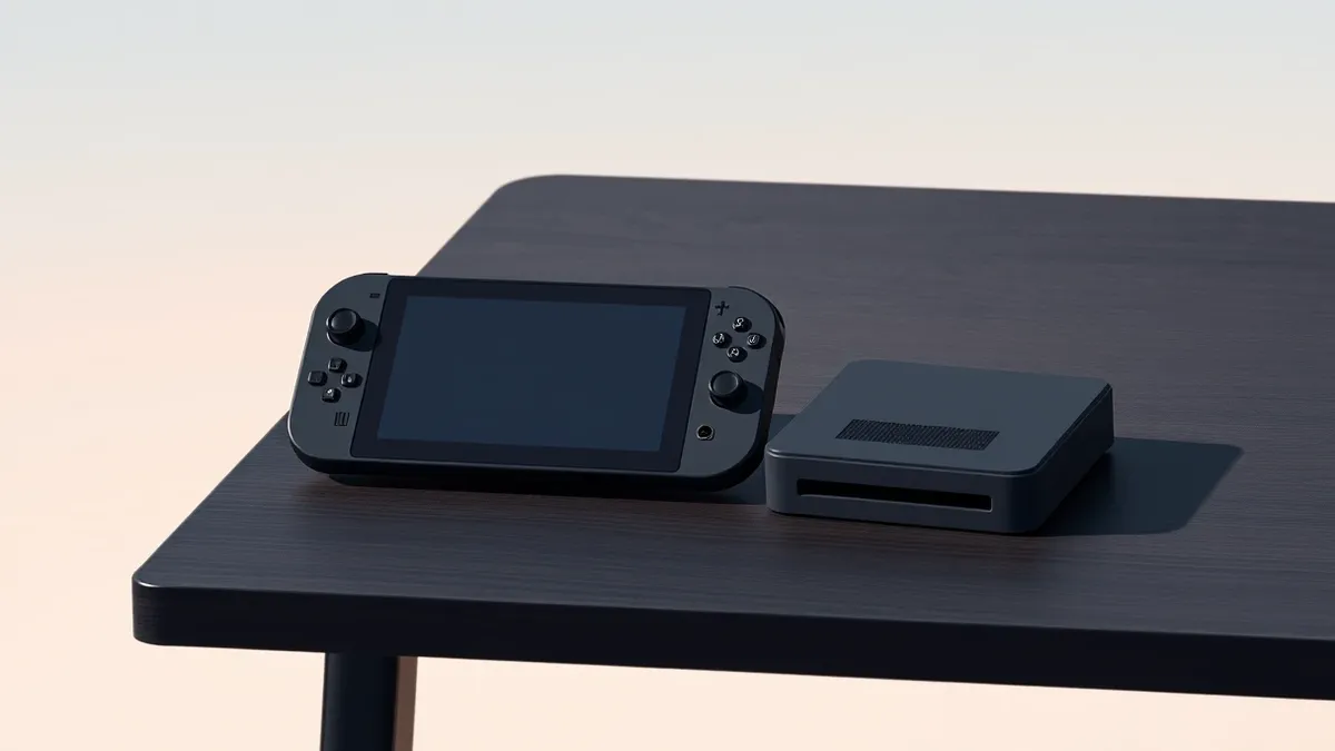 Illustration: A sleek, rectangular gaming handheld rests on a dark wooden table next to a compact, angular game console.