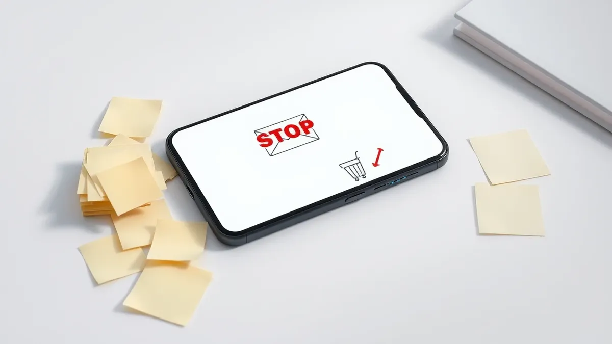 Illustration: A sleek black smartphone rests on a white desk beside a scattered pile of sticky notes.