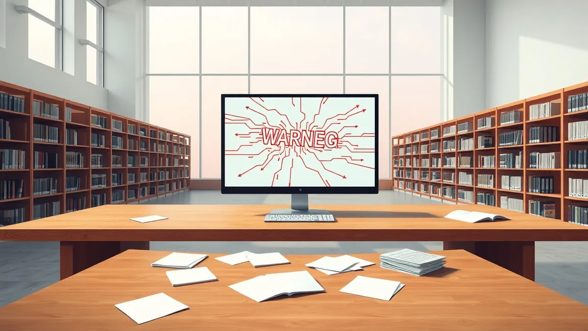Illustration: A modern university library interior sits in quiet disarray, with a single desktop computer monitor displaying a chaotic web of red warning lines and broken digital c