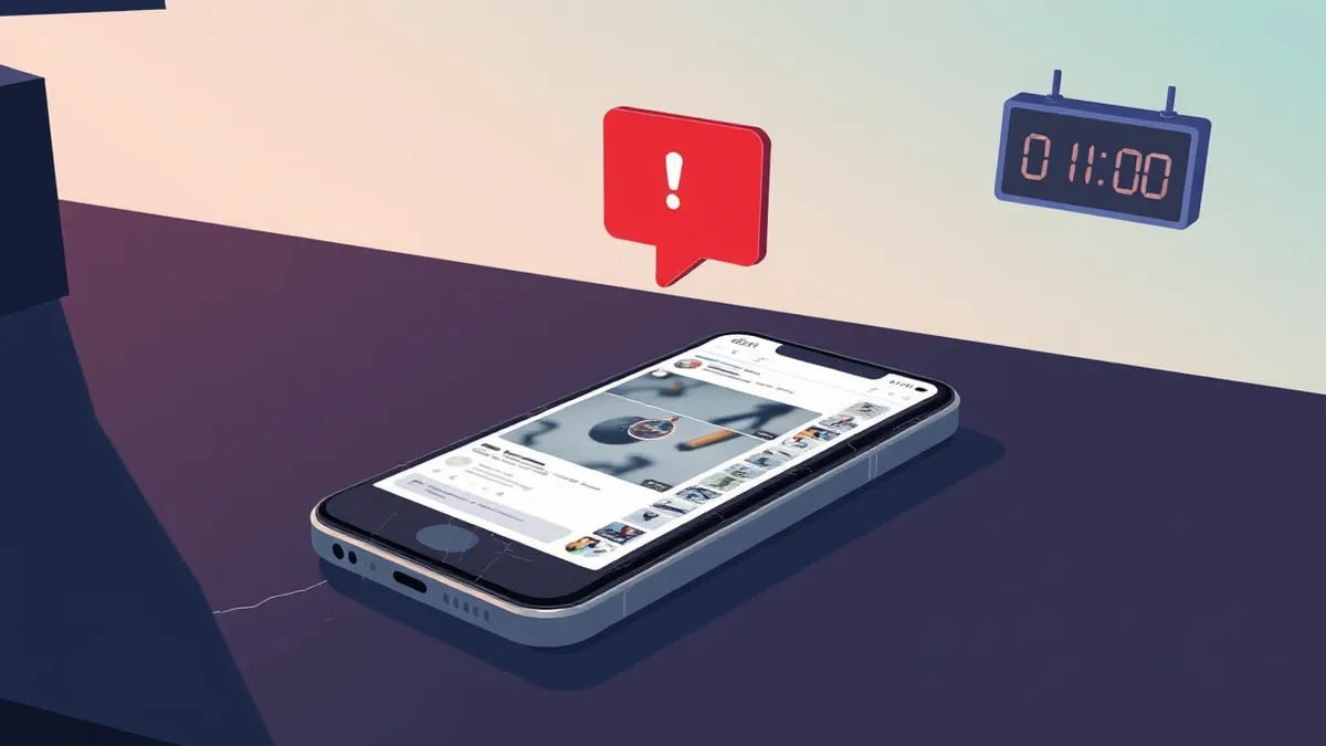Illustration: A cracked smartphone lies on a dark desk, its screen displaying a generic social media interface with blurred video thumbnails.