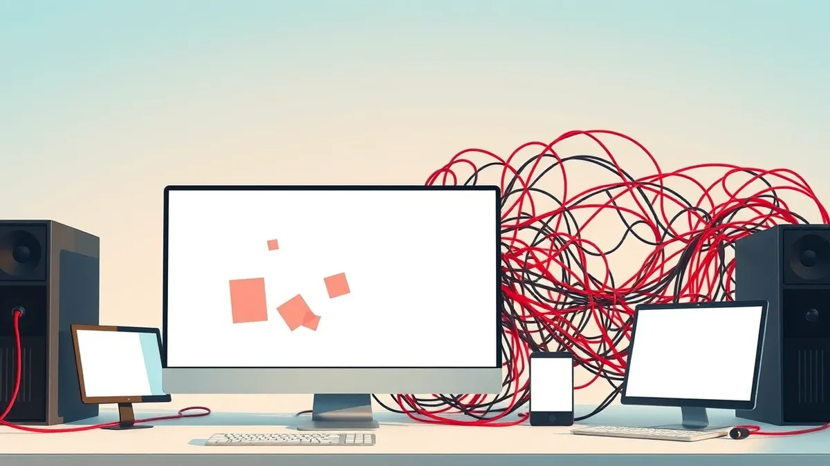 Illustration: A blank computer monitor displays abstract geometric shapes representing automated data flows.