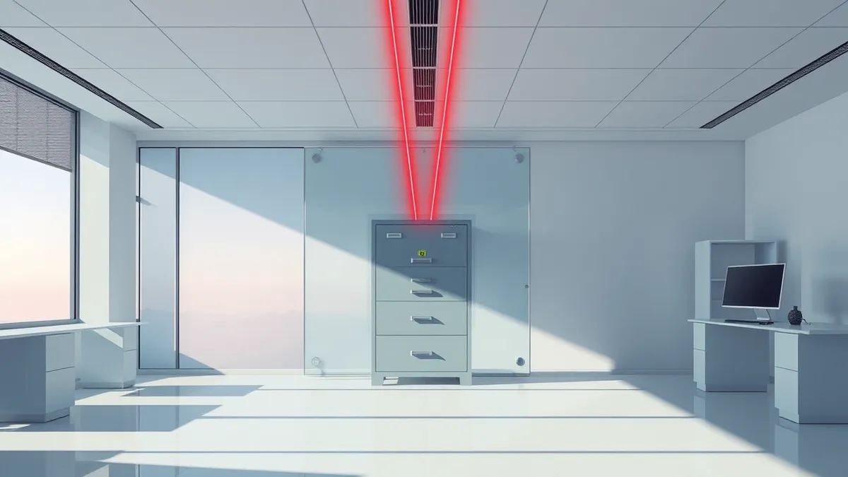Illustration: A digital intrusion visualized as red laser beams piercing through a thick glass barrier in a quiet, empty office.
