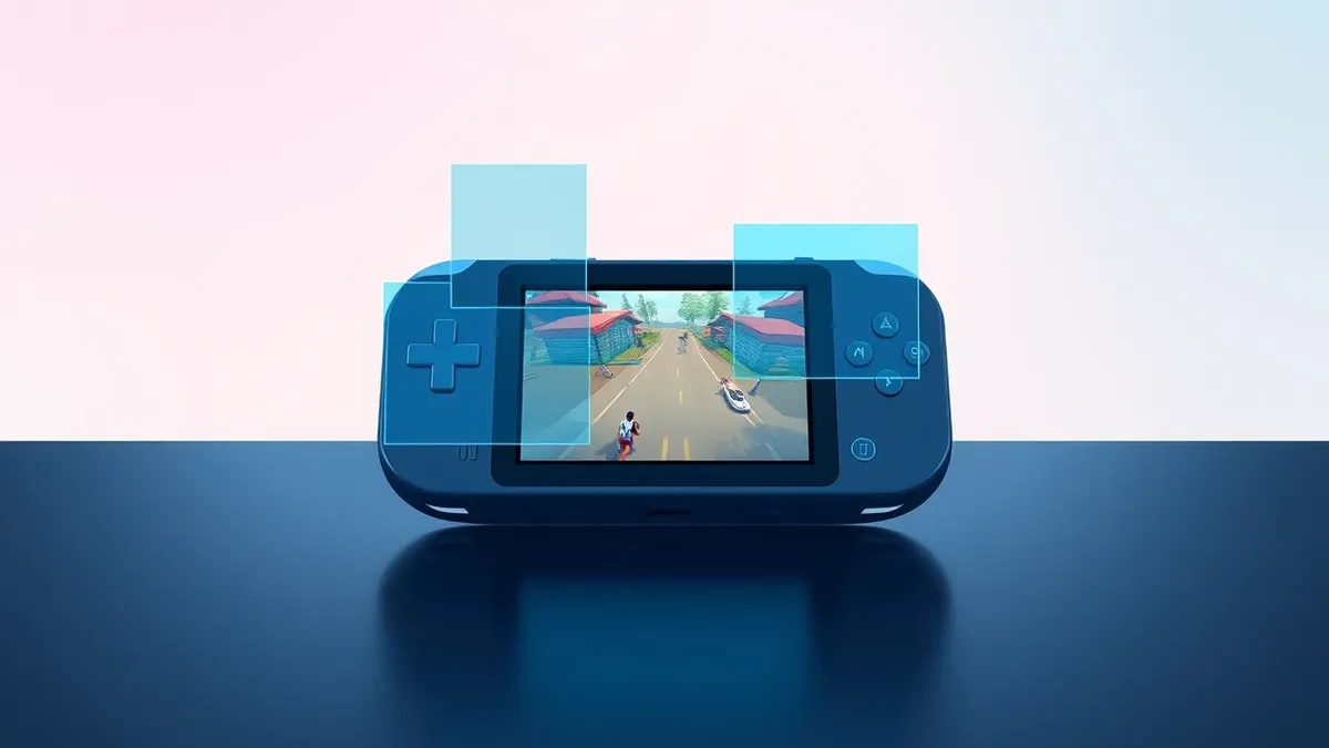 Illustration: A compact handheld gaming console rests on a dark surface with its screen displaying a vibrant video game scene.