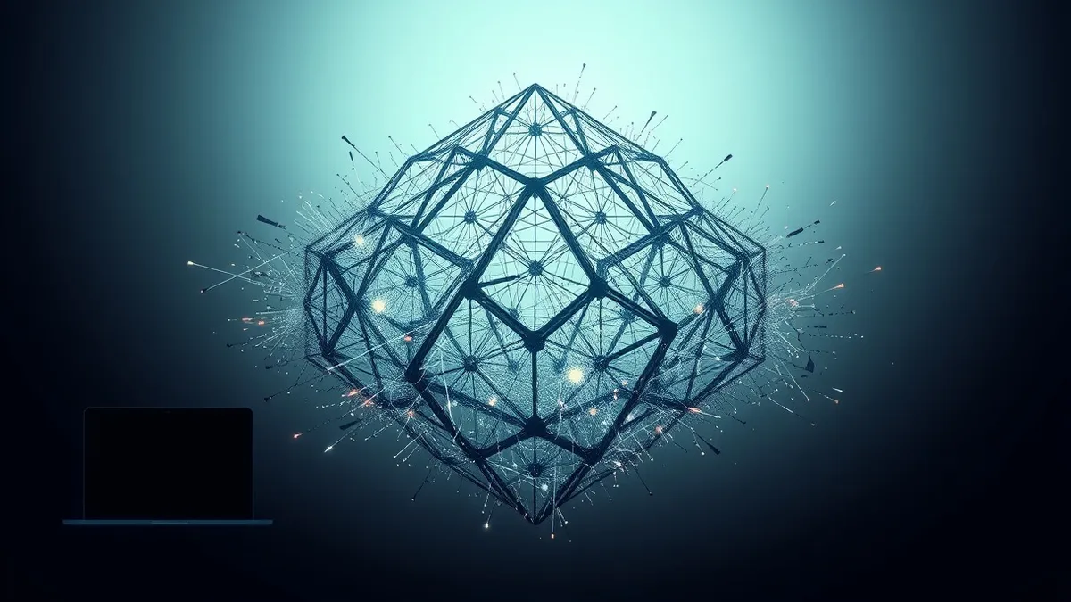 Illustration: A glowing geometric lattice structure floats in the dark, its intricate mathematical patterns slowly dissolving into chaotic digital noise.