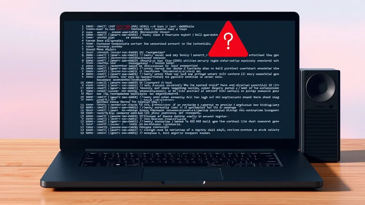 Illustration: A black laptop sits on a wooden desk, its screen displaying lines of white code against a dark background.