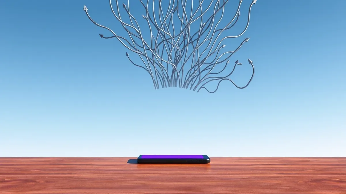 Illustration: A sleek black smartphone rests on a polished wooden table, its screen displaying a blank purple interface representing a social application.
