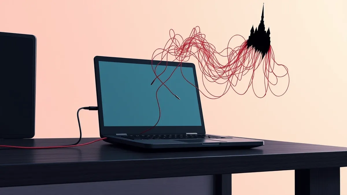 Illustration: A sleek black laptop sits on a dark wooden desk, its screen glowing with a generic remote support interface.