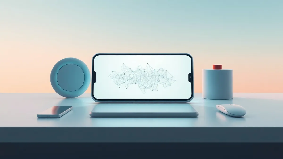 Illustration: A sleek smartphone rests on a minimalist desk, its screen displaying a soft, abstract neural network visualization.
