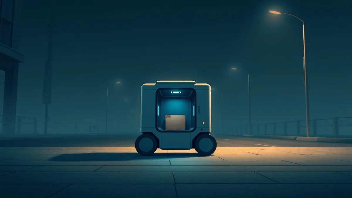 Illustration: A boxy autonomous delivery robot sits on an empty city sidewalk under the dark night sky.