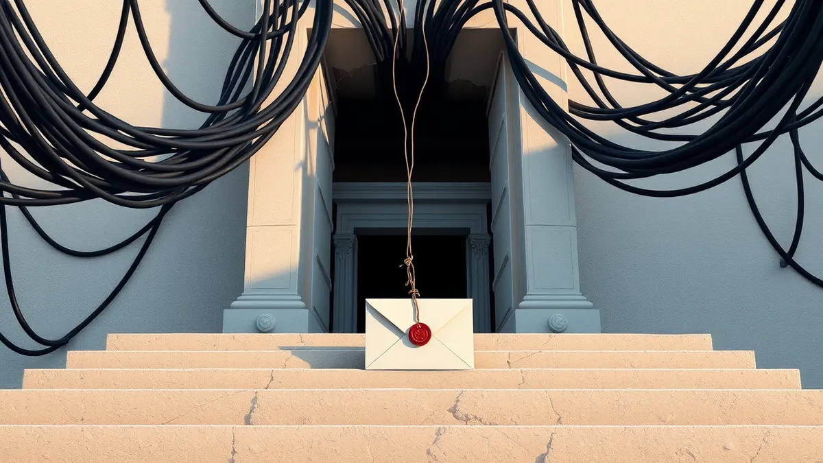 Illustration: A cracked university building facade sits behind a tangle of black cables.