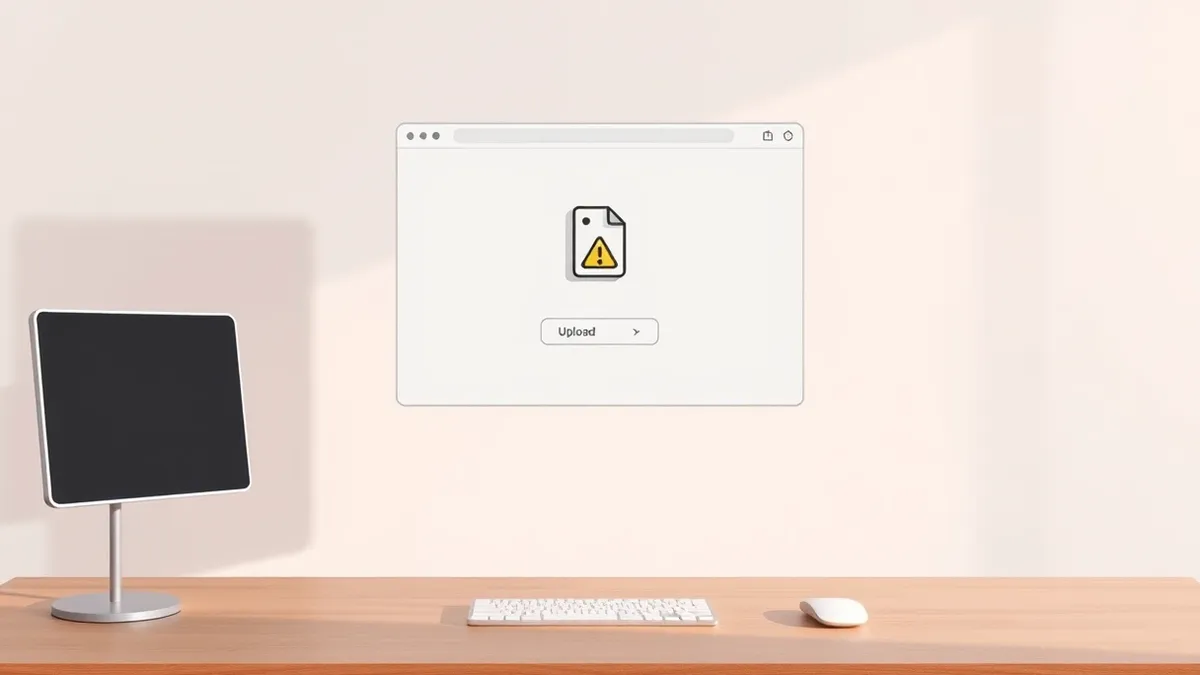 Illustration: A blank, generic web browser window floats above a wooden desk.
