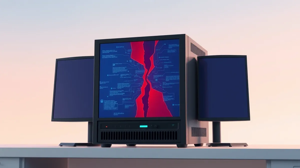 Illustration: A sleek black security management server sits on a clean desk, its front panel displaying blank status lights.