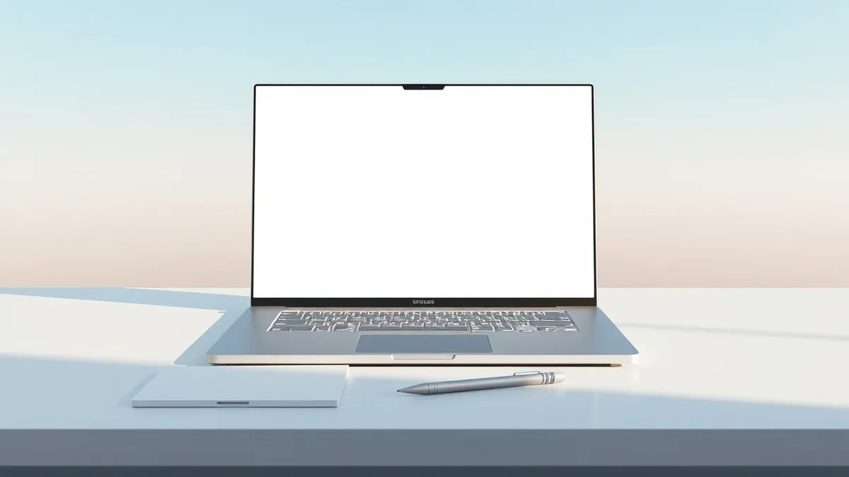 Illustration: A sleek silver laptop sits open on a clean white desk, its large blank screen reflecting soft ambient light.