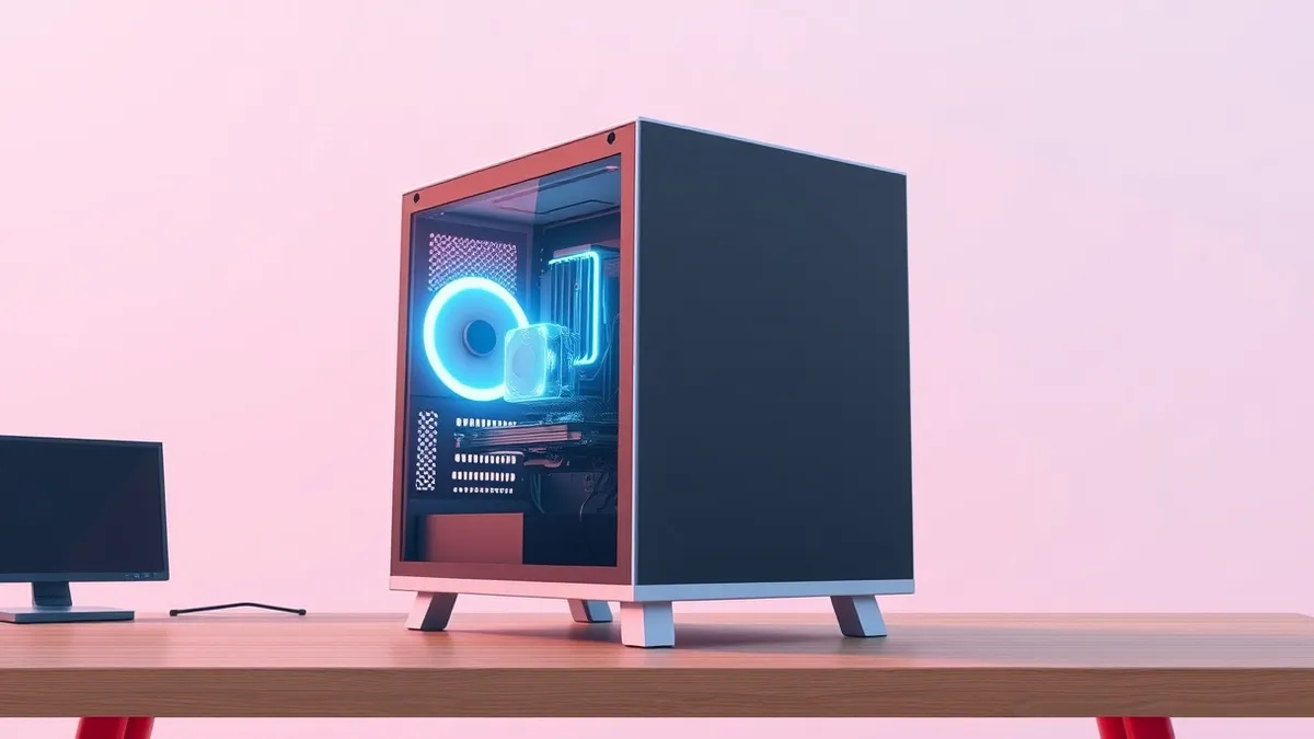Illustration: A sleek desktop computer sits on a wooden desk with its side panel removed to expose glowing internal components.